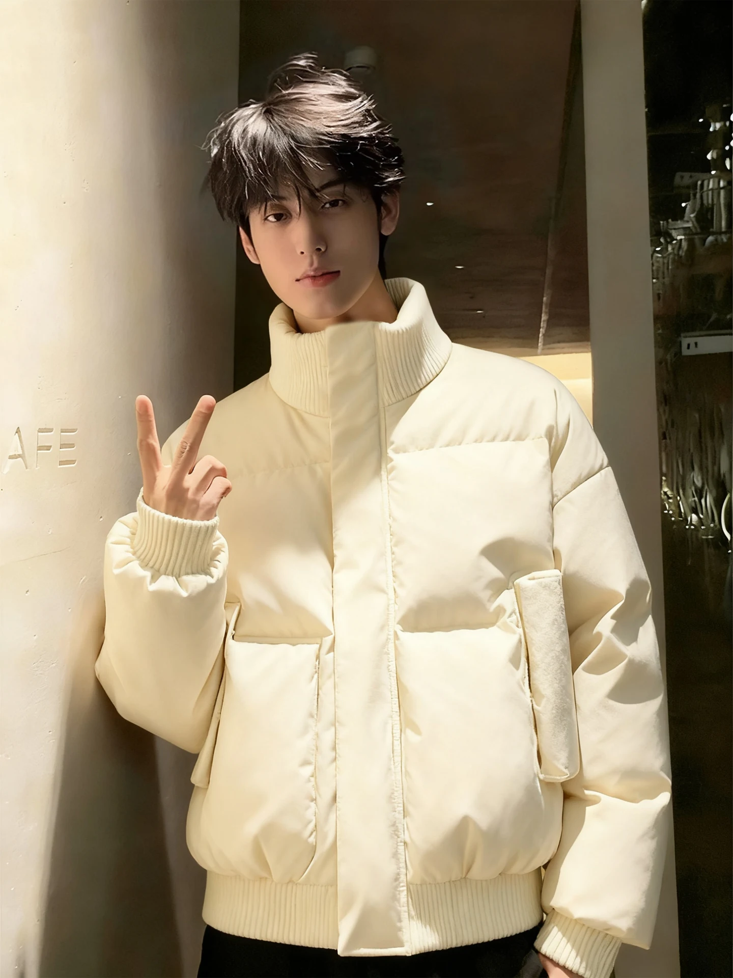 

High Collar down Cotton Jacket Men's Winter Fashionable Short Bread Style Warm Waterproof Polyester Fiber Regular Fit Zipper