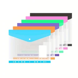 6pcs transparent plastic file bags - suitable for 2/3/4 ring file bags, office file bags, six colors/set (open horizontally)