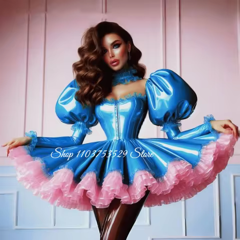 Blue Vintage Victorian Gothic Ball Gown Custom Long Sleeve Mini Skirt Evening Dress Concert Dress Lace Corset Laser Cut Fabric