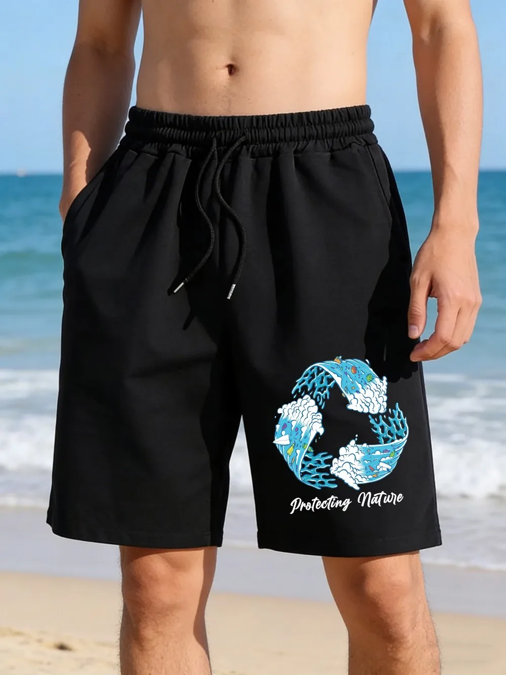 

Recycling Symbol Printed Pants Mens Basics High Waisted Wide Beach Shorts Summer Oversized Shorts Casual Pocket Male Clothes
