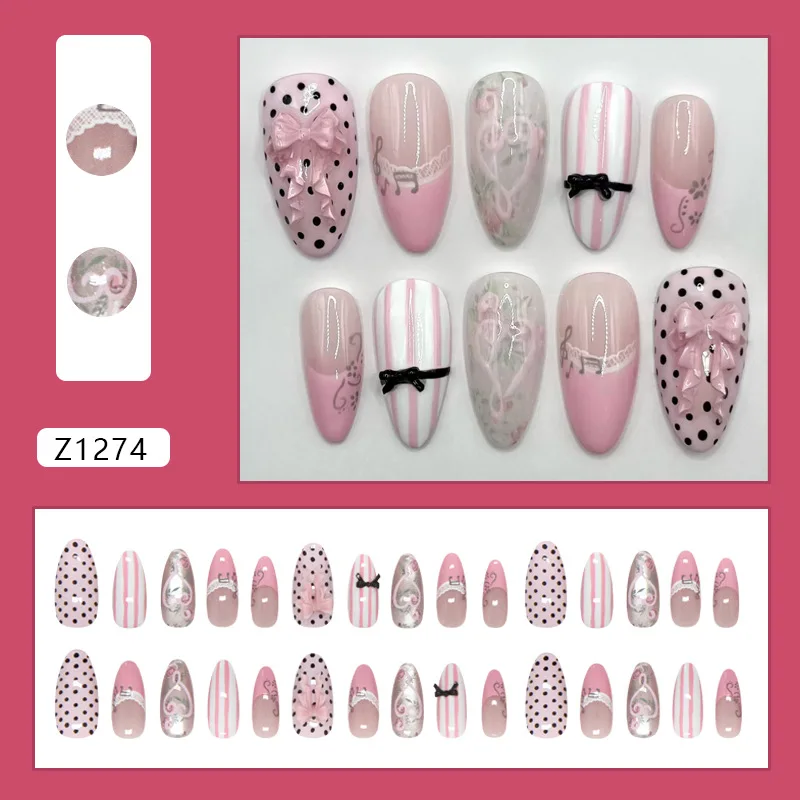 24 piezas uñas postizas rosadas dulces con moños, francesas almendra brillantes, estilo coreano 4