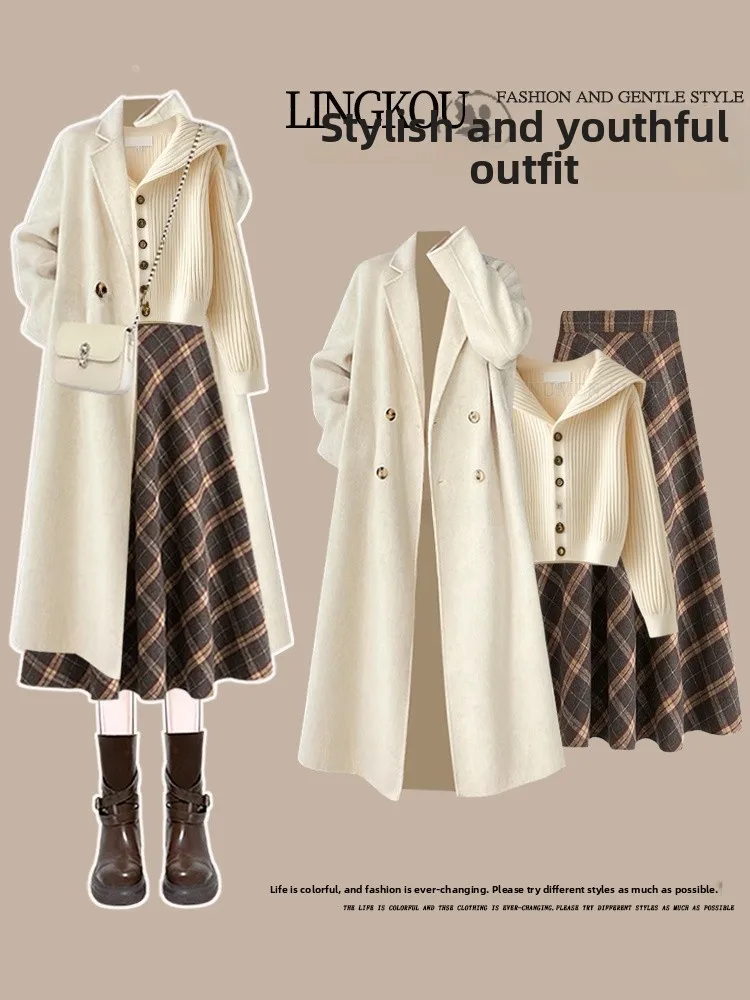 

Elegant Knitted Set Women's Korean Style High Waist Plaid Skirt Autumn Winter Fashion Ensemble Button up Coat Sweater