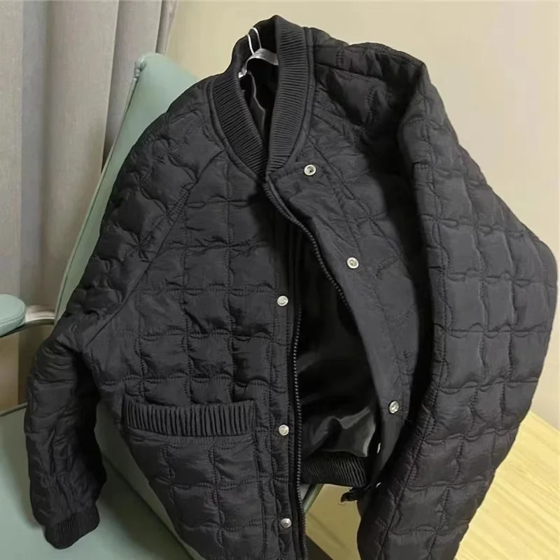 Versatile Winter Checkered Down Jacket, Loose Fit Padded Coat with Round Neck & Single Breasted, Women Outerwear W2076 4