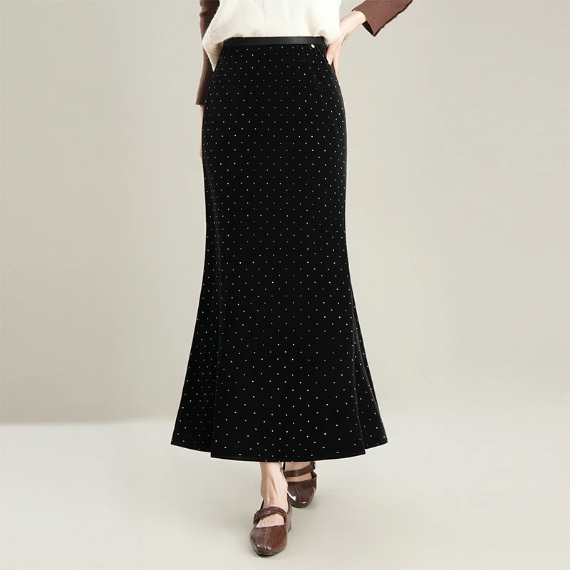 

Длинная юбка из золотистого бархата с пайетками и разрезом, облегающая, осенняя, с эффектом обертывания, для женщин...