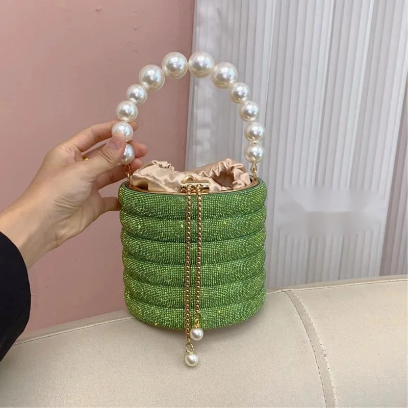 Pearl Handle Rhinestones Evening Clutch Bag Purse And Handbag Luxury Designer Shoulder Bag Shiny Crystal Clutch Purse Bucket Bag