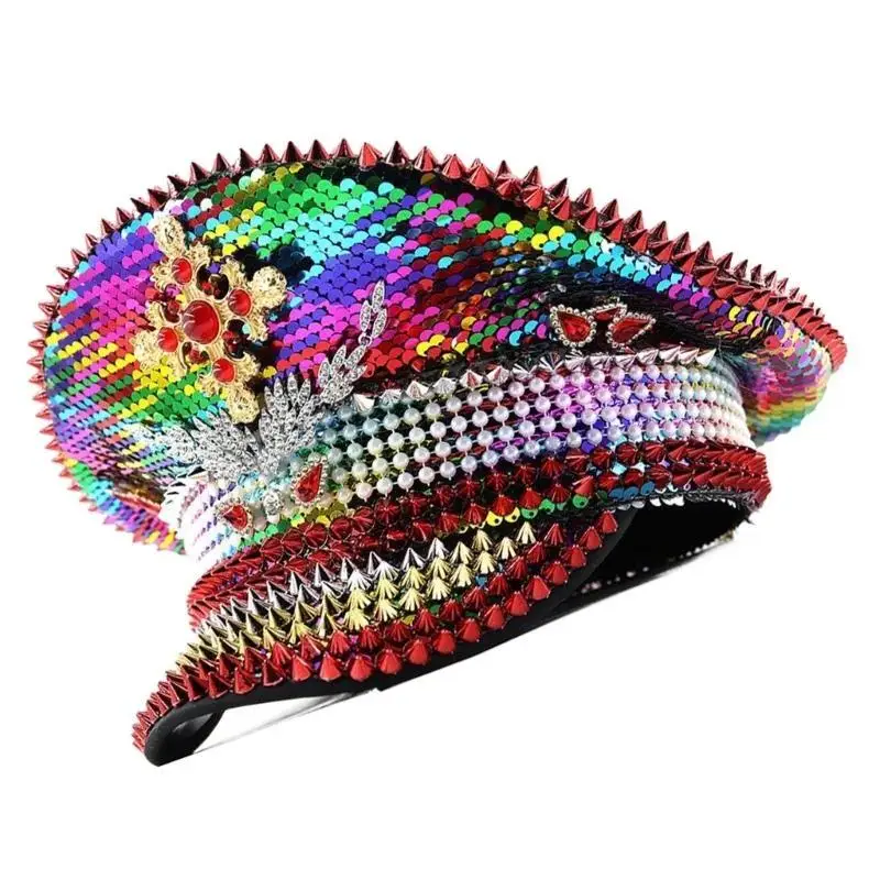 A52E Rainbow Studded Captain Hat Jewel Rivet Navies Hat Adjustable Fashion Hat