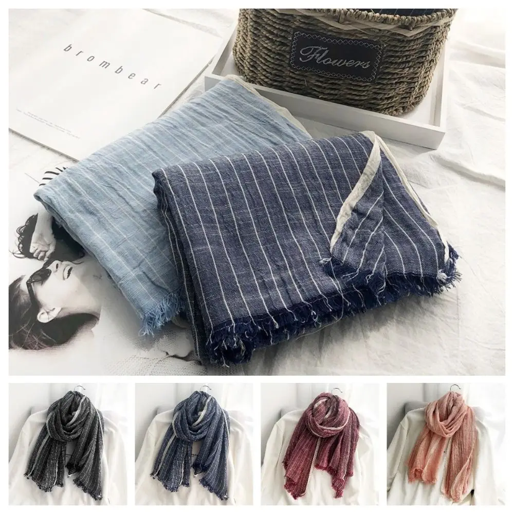 Syal wanita Fashion katun Linen bergaris-garis, selendang kasmir musim dingin lembut tebal tahan angin kasual pria syal wanita