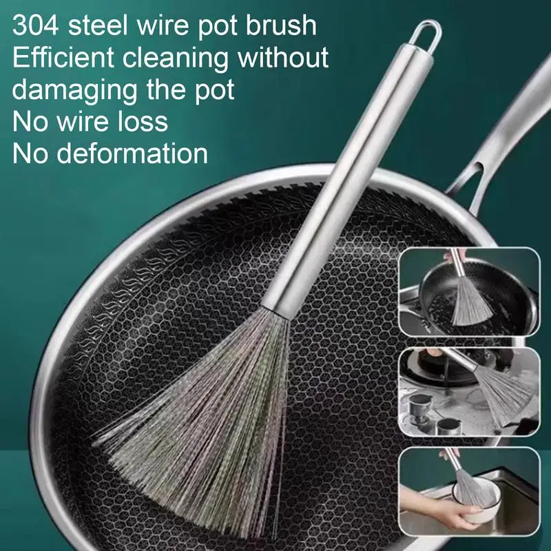 Stainless Steel Pot Brush Long Handle Multi-functional Cleaning Brush Hanging Washing Tool for Kitchen Sink Pans Scrubber Gadget