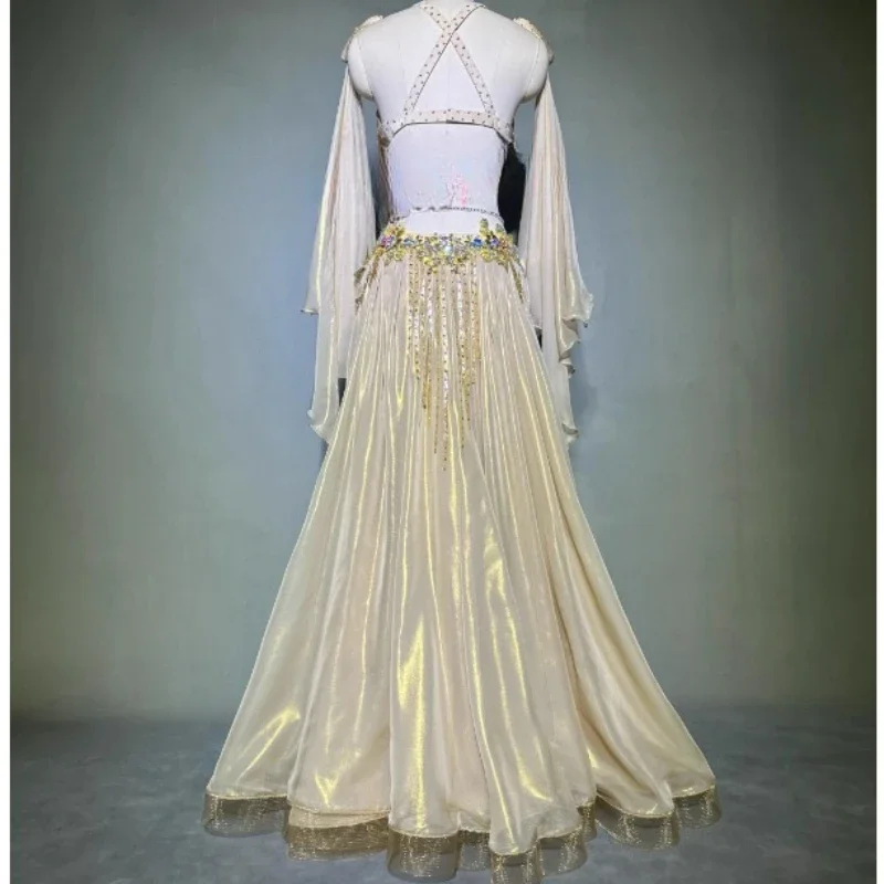 Belly Dance Professional Costume Set for Women Customized Bellydancing Pearl Bra+Chiffon Yarn Long Skirt Oriental Dance Outfit