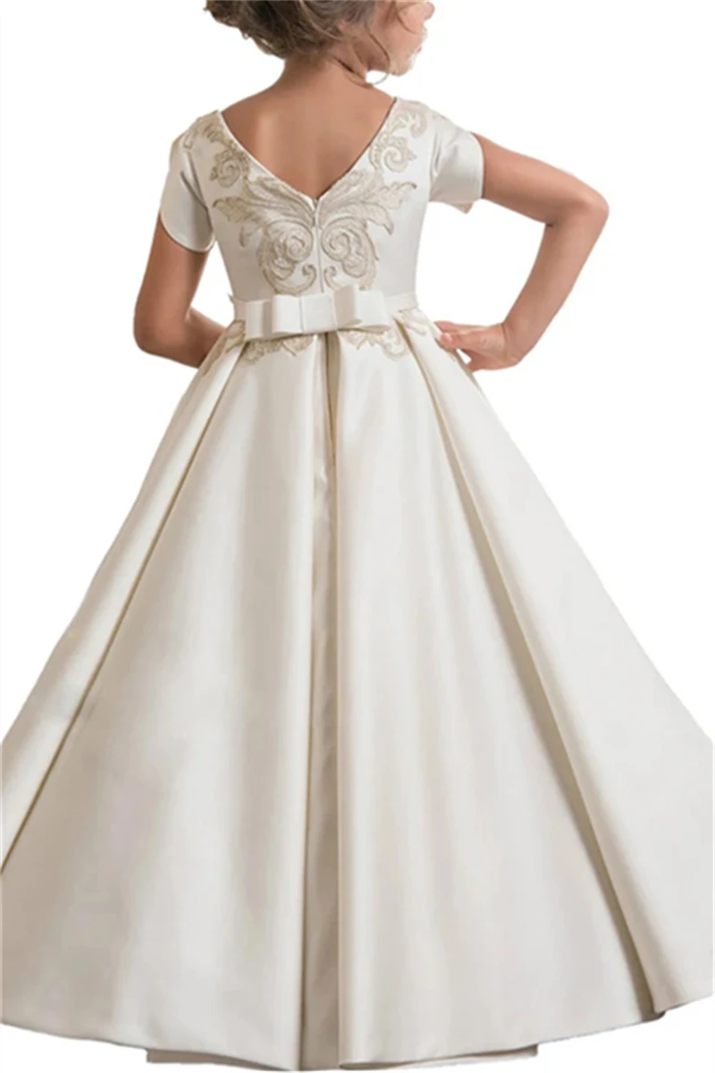 Customized White Flower Girl Dress For Wedding Appliques Short Sleeve Satin Floor Length Kids Birthday First Communion Gown