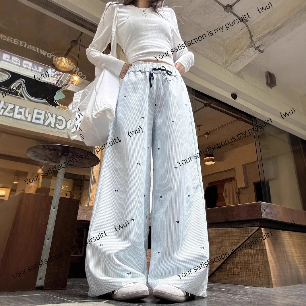 Pantalones de pierna ancha a rayas azules coreanos, pantalones casuales rectos de cintura alta de verano para mujer, pantalones de nicho con sentido de diseño