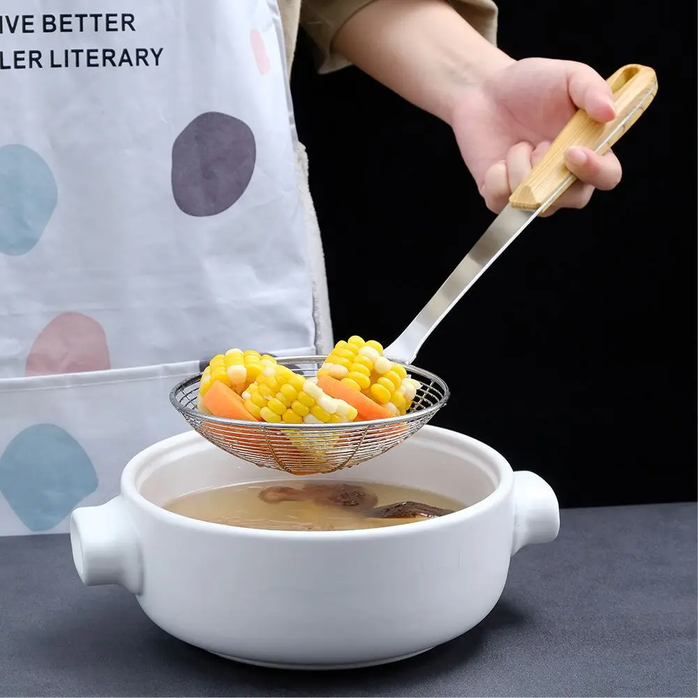 Wooden Stainless Steel Skimmer Strainer Colander Pot Fried Filter Mesh Deep Fryer Oil Frying Scoop Noodles Sieve Kitchen Tools