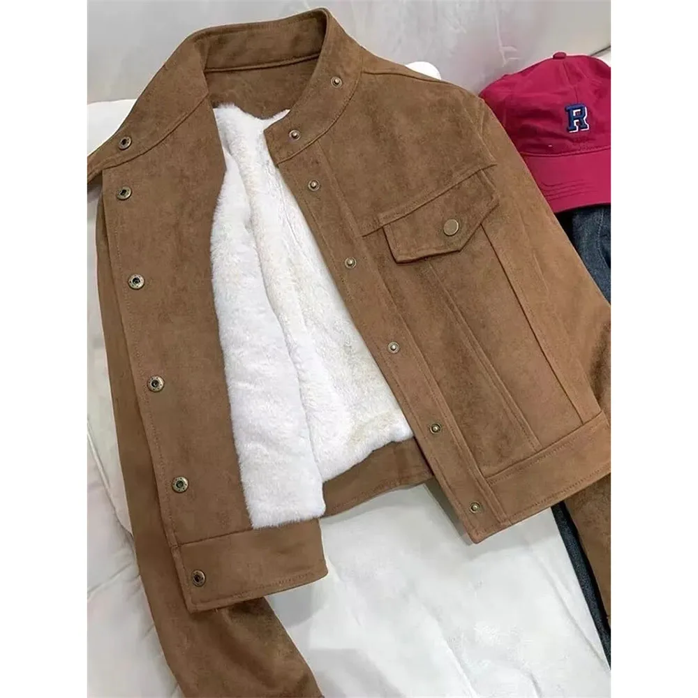 Short Plush Thick Warm Coat Women Autumn Winter New Korean Casual Long Sleeve Jacket Female Fashion Stand Collor Lined Outwear
