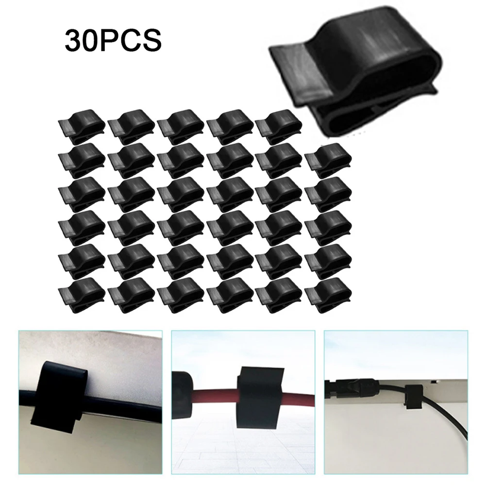 30Pcs Photovoltaic Cable Clamp Outdoor Trailer Frame Wire Clips Solar Panel Boat Plastic Black Solar Cable Clamps 0.98*0.5 Inch