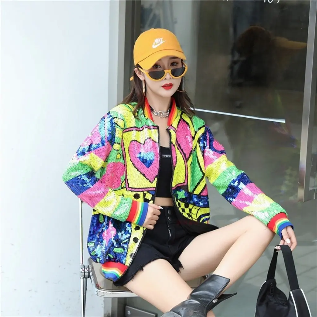 

Women's plus Size Chic Loose Fit Jacket Spring Autumn Geometry Sequin Design Heavy Industry Style Early Nightclub Wear