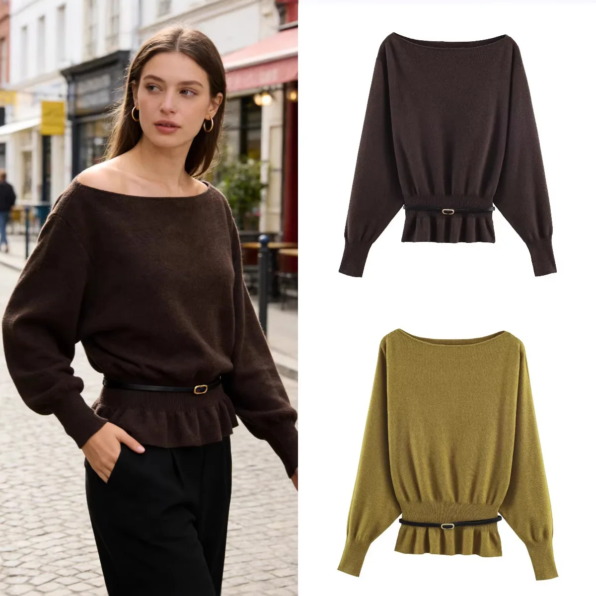 

Женский сексуальный облегающий топ, весенняя мода, простой свитер с открытыми плечами и поясом, элегантный вязаный свитер, универсальный свитер с эффектом утягивания талии