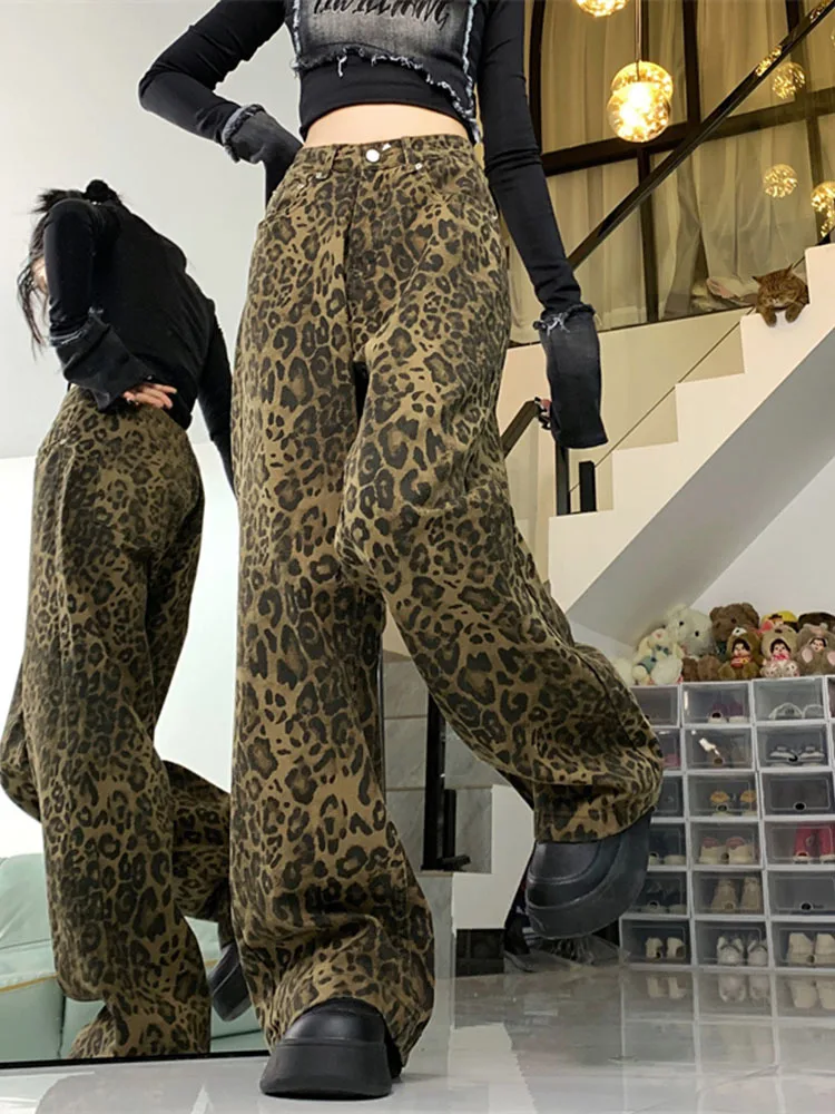 Harajuku Streetwear Retro Fashion Autumn Women High Waist Jeans Loose Wide Leg Straight Loose Denim Trousers Y2K Baggy Pants