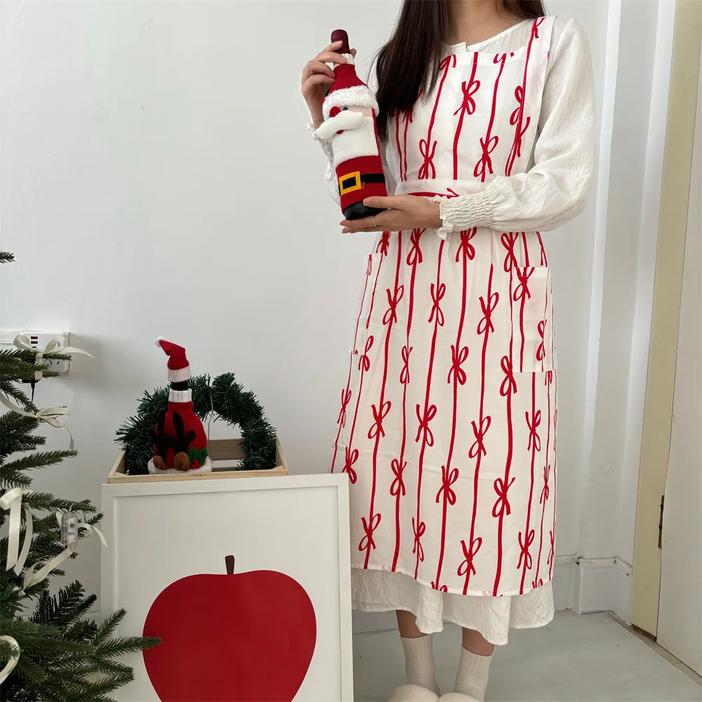 

Bow Printed Canvas Aprons Women Kitchen Aprons with Pockets Painting Cooking Baking Working Pinafore Nail Salon Beauty Apron