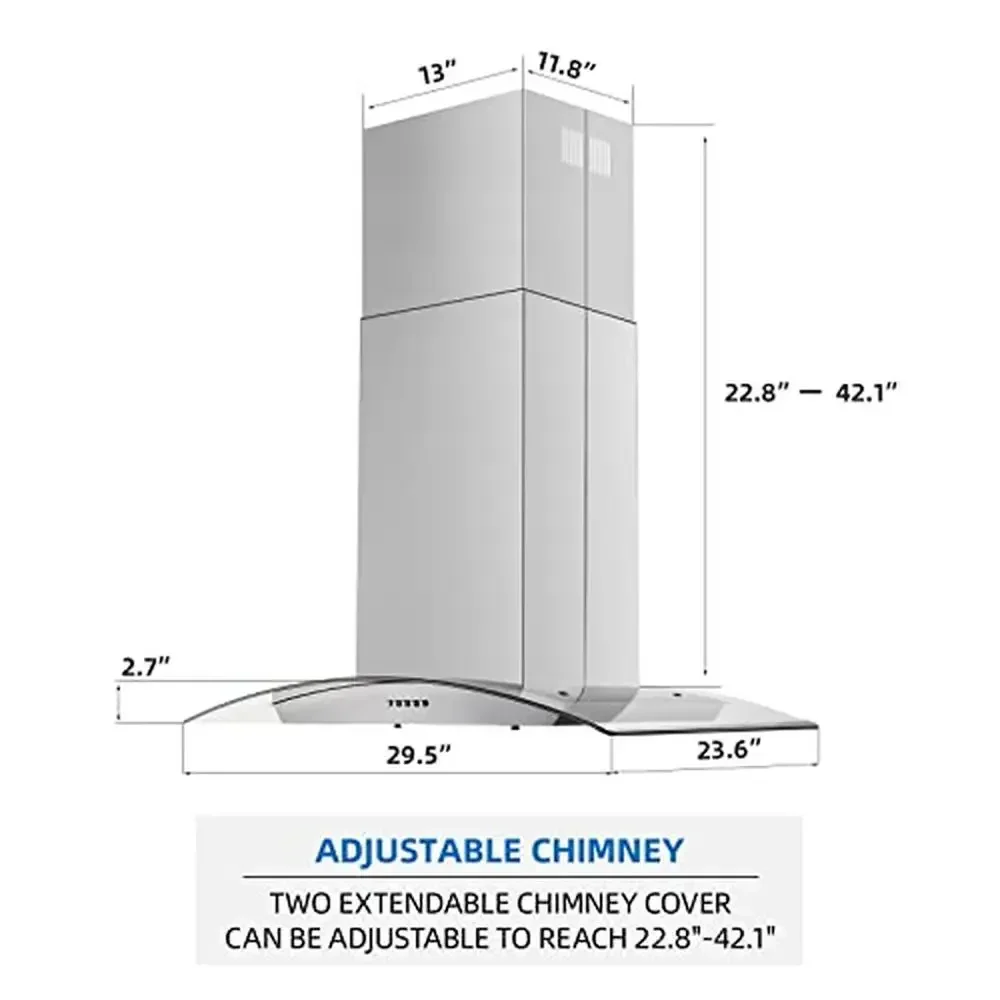 30" Stainless Steel Island Range Hood- 700 CFM Ventilation Fan 5-Layer Mesh Filters- Quiet Motor Adjustable Height- Push Button
