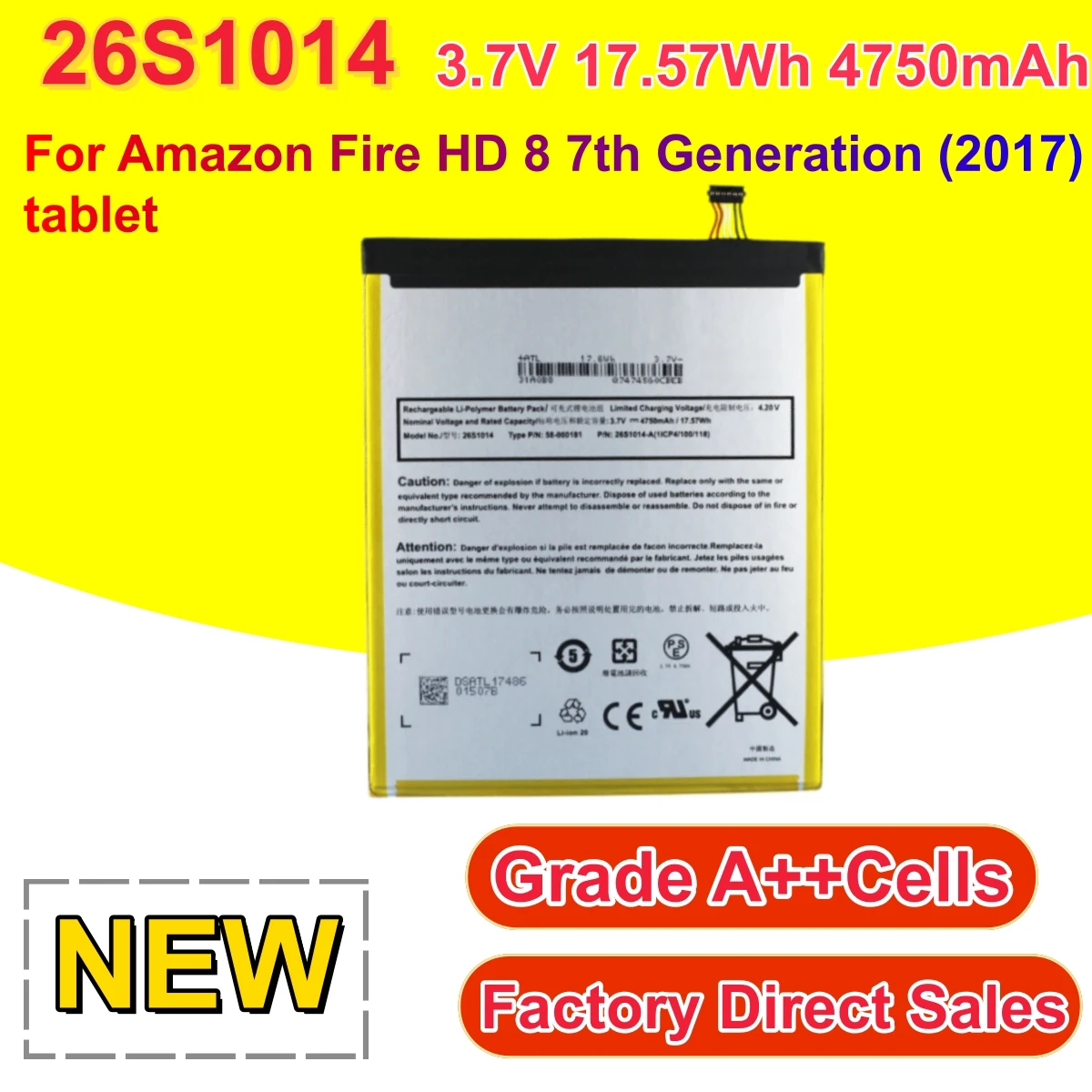 High Quality 26S1014 Tablet Battery For Fire HD 8 7Gen SX0340T SX034QT MC-31A0B8 58-000181 1ICP4/100/118