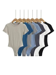 Summer Short Sleeve O-neck Bodysuits Women Knits Stretchable Slim 14 Colors Basic Top Jumpsuits