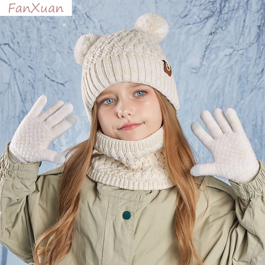 set 3pcs children winter hat snood gloves 4-10Y boys girls winter beanies hats plush lining double layers short scarf kids