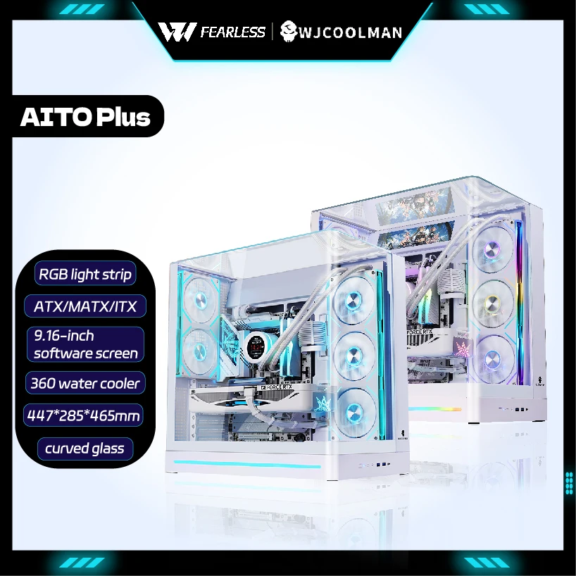 WJCOOLMAN AITO Plus ATX PC Gamer Case 9.16-Inch Screen RGB Light Strip 360 Water Cooler Curved Glass Sea View Room Computer Case