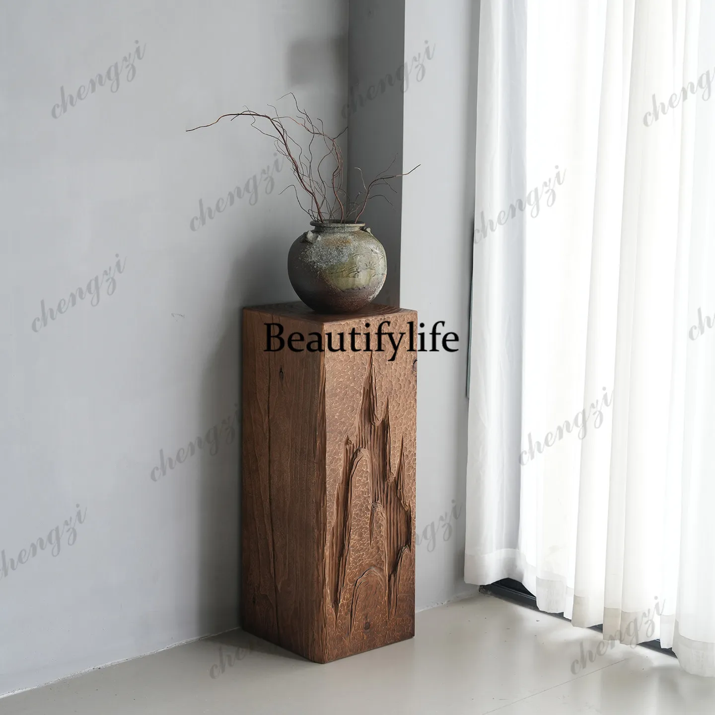 Wabi Sandy wind solid wood square pier edge several designer living room entrance wood carving Chinese landscaping