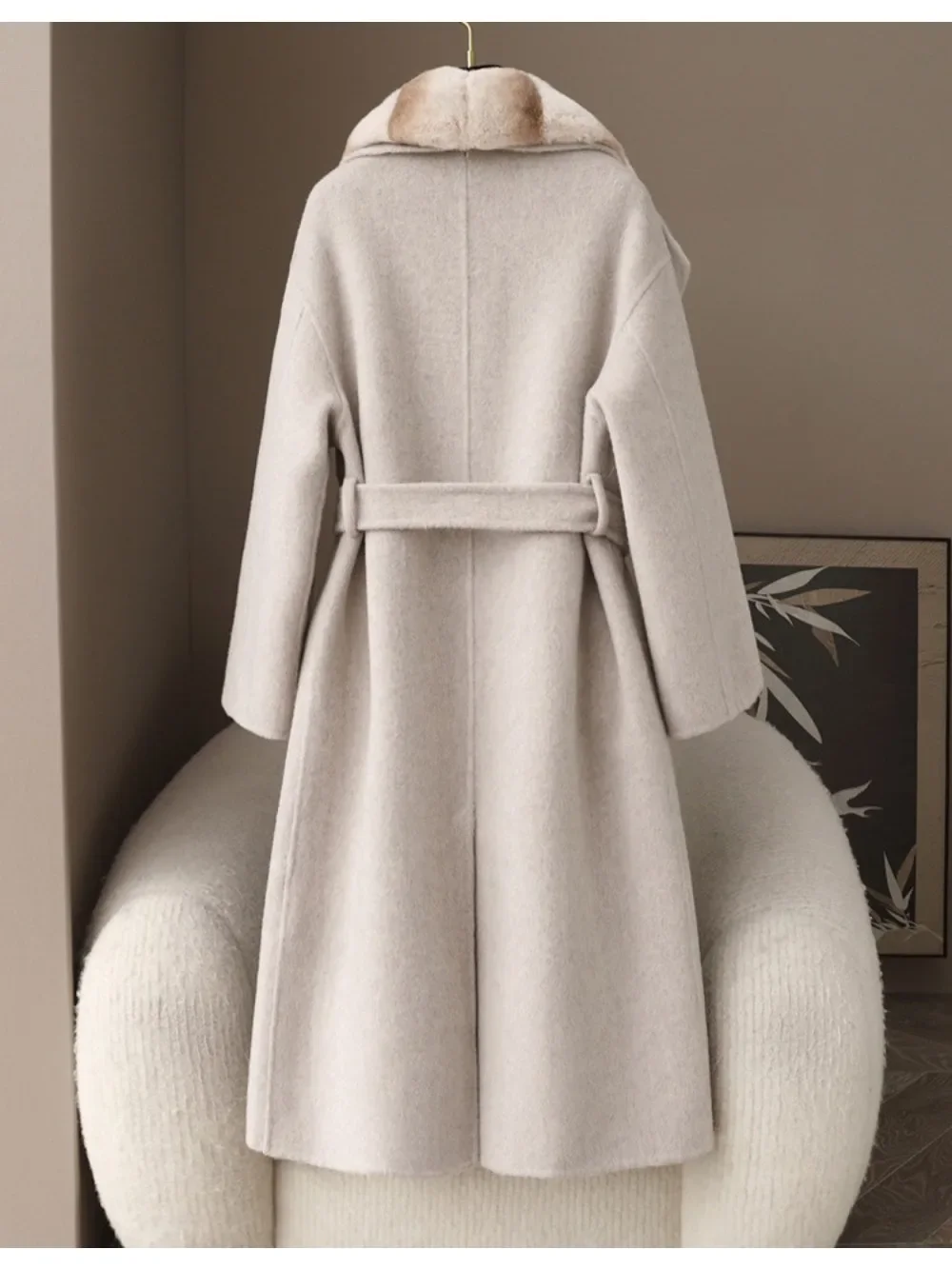 Vrouwen natuurlijke Rex konijnenbont wolmengsels dikke warme lange bovenkleding met riem casual echt bont kapjas