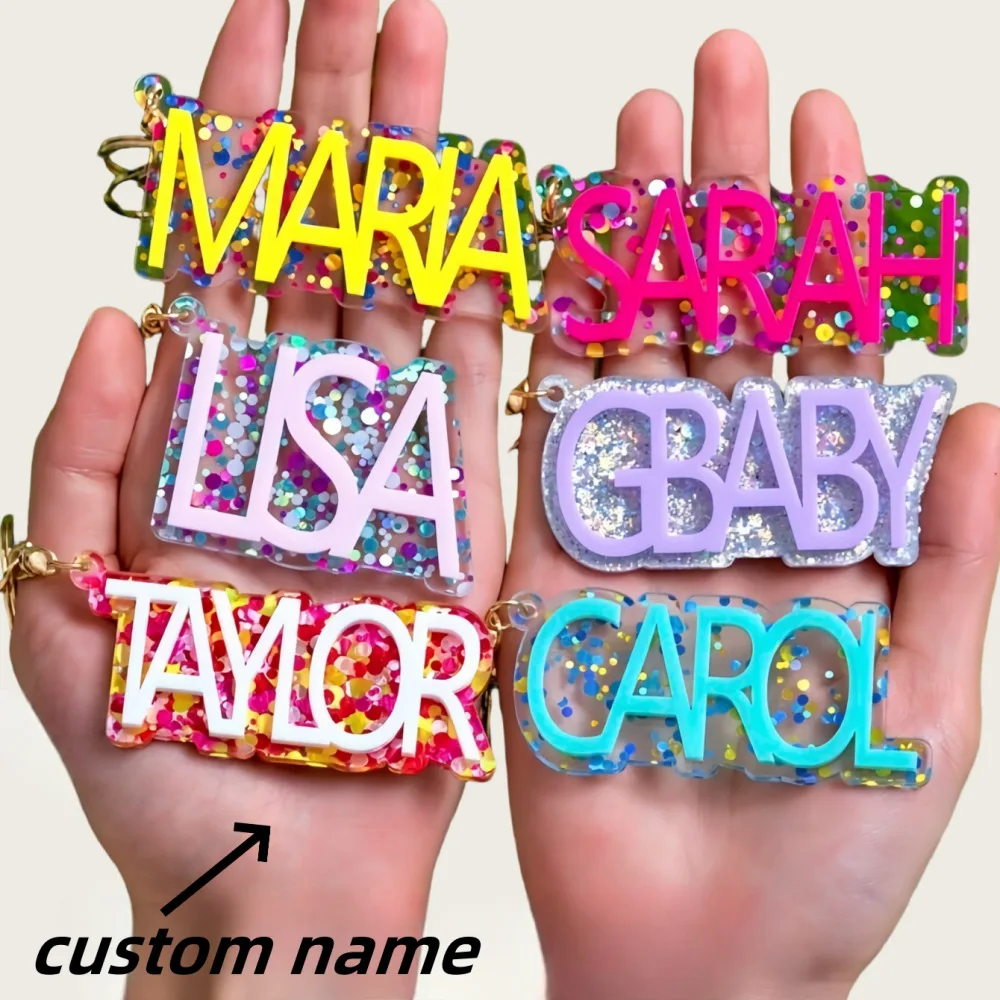 Custom Personalized 3D Name Acrylic Keychain Backpack Diaper Bag Tag Nameplated Sequin Decor Memorial Anniversary Jewelry Gift