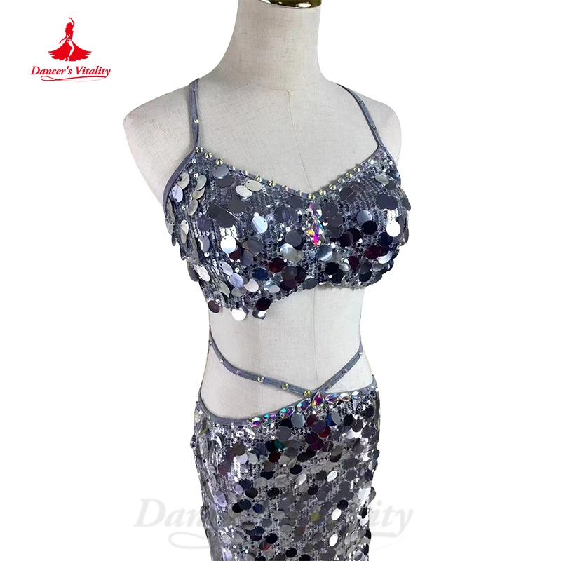 Belly Dancer Costume Suit Women Customsized Big Sequins Vest Top+split Long Skirt 2pcs Performance Professional Bellydance Set