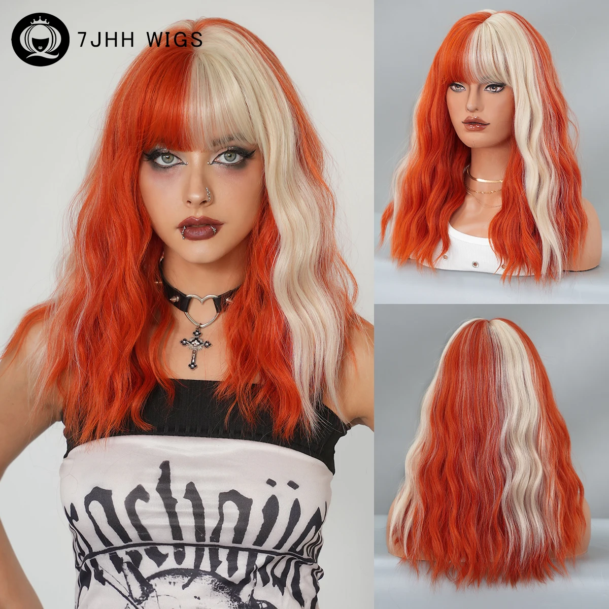 

Halloween Cosplay Wigs White Ombre Orange Wig for Women Daily Party High Density Synthetic Body Wave Wigs with Neat Bangs