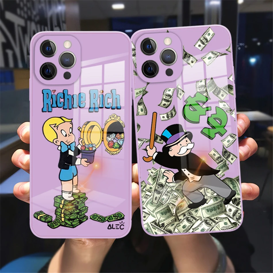 Catoon Dollar Alec Monopoly Tempered Glass Phone Case For iPhone 11 12 13 Pro Max X XR XS MAX 8 7 Plus purple reflective case