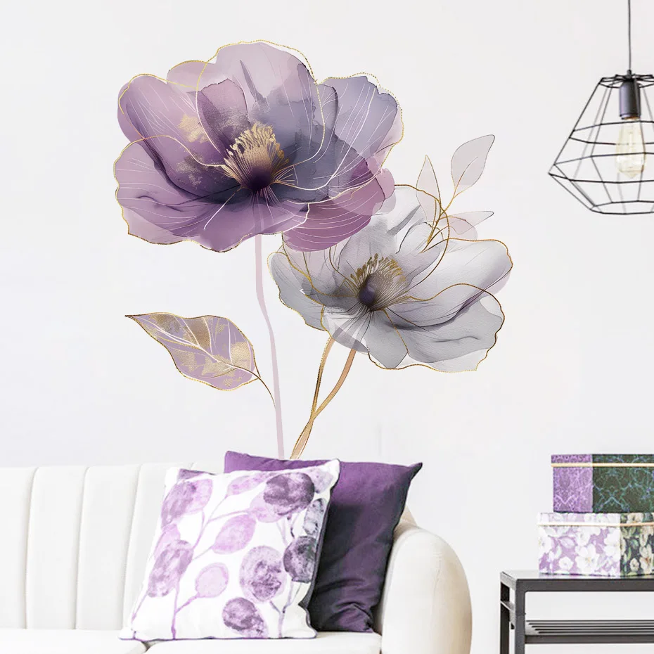 Purple Flowers Wall Stickers for Living Room Bedroom Background Wall Decor Girls's Room Home Decorative Stickers Wall Decals