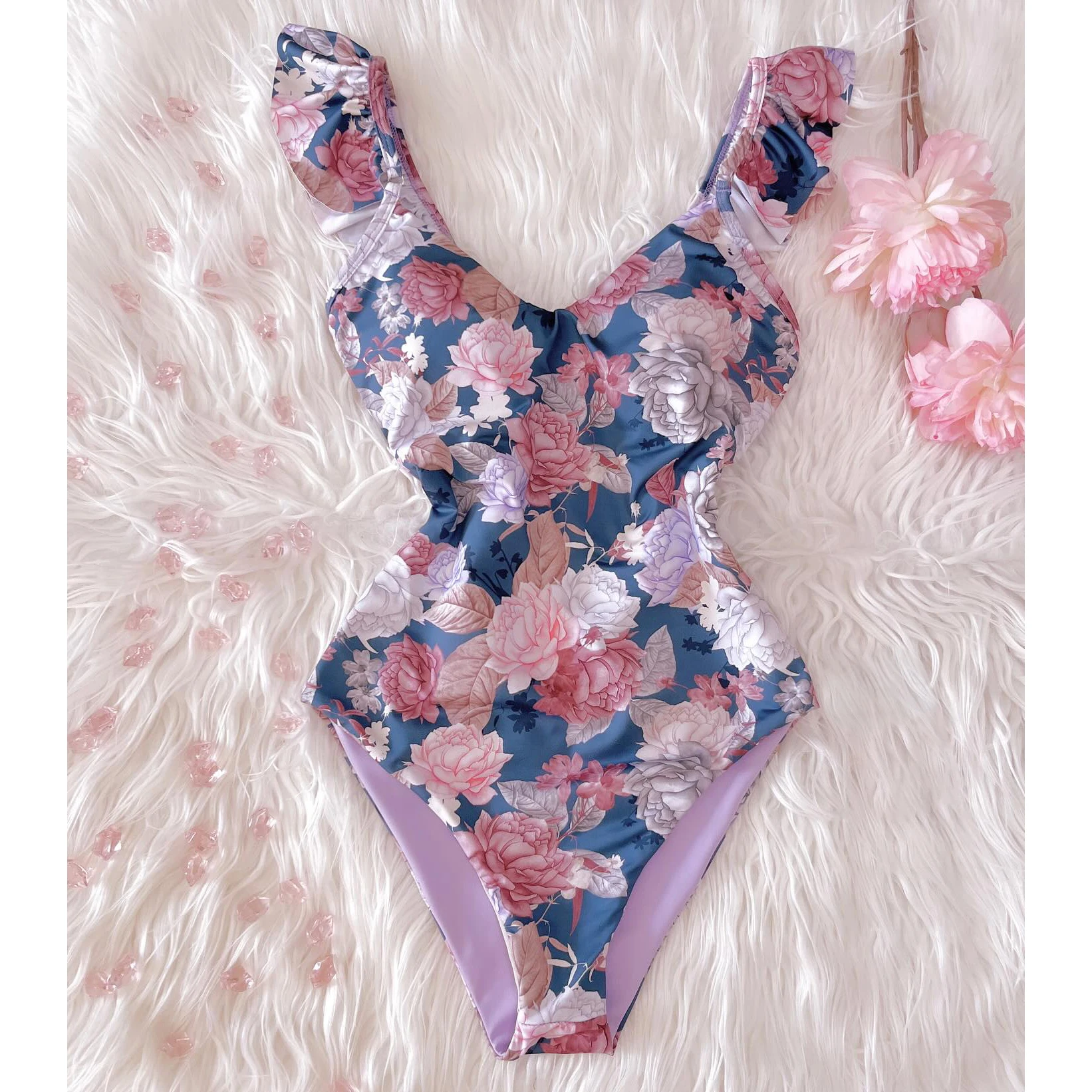 2025 New Print Ruffle One Piece Swimsuit Sexy Deep-V Swimwear Female Women Printed Bathing Suit Shoulder Swimwear Backless Monok