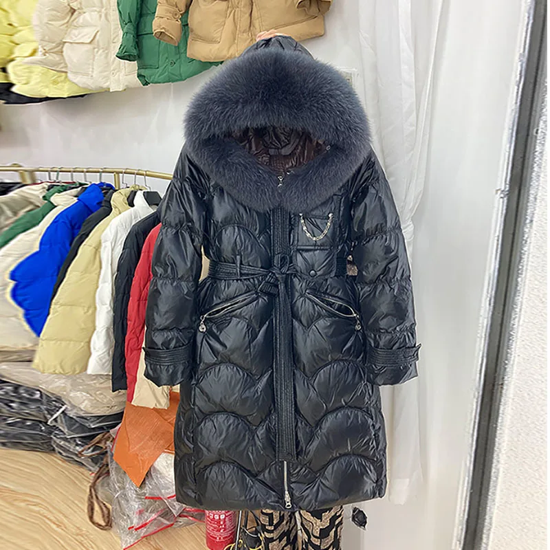 2023 New 90% White Duck Down solid Coats Long Real Natural Fox Fur Collar Hooded Winter Women Down Jacket Warm Fashion