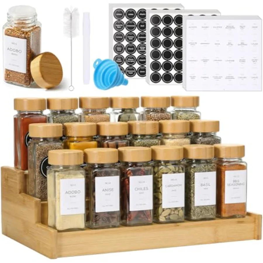 

25 Pcs 4 oz Glass Spice Bottles with Bamboo Lids and 3 Tier Expandable Bamboo Spice Rack Kitchen Cabinet Organizer with Labels