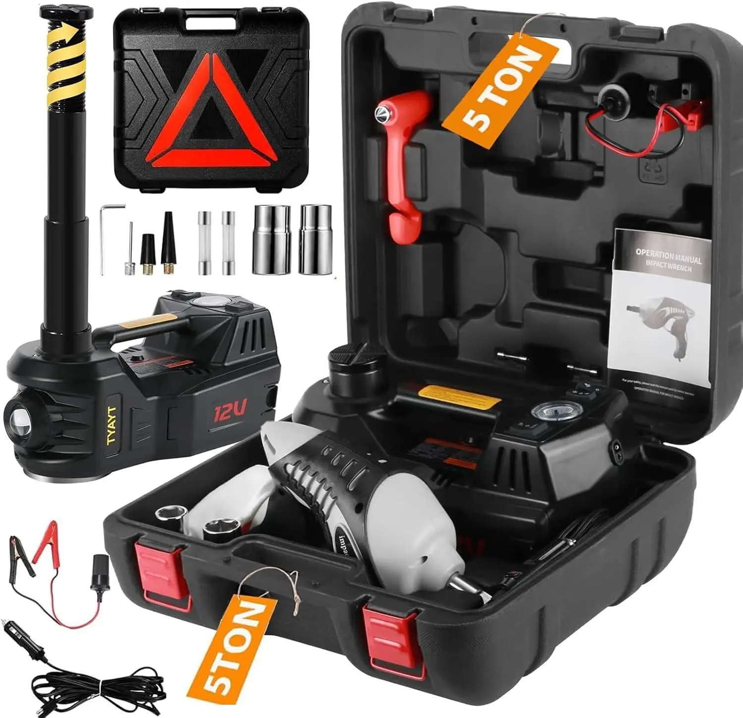 Electric Car Jack Kit 5 Ton 12V Floor Jack with Impact Wrench and Tire Inflator Pump Portable Hydraulic Car Jack for SUV Sedans