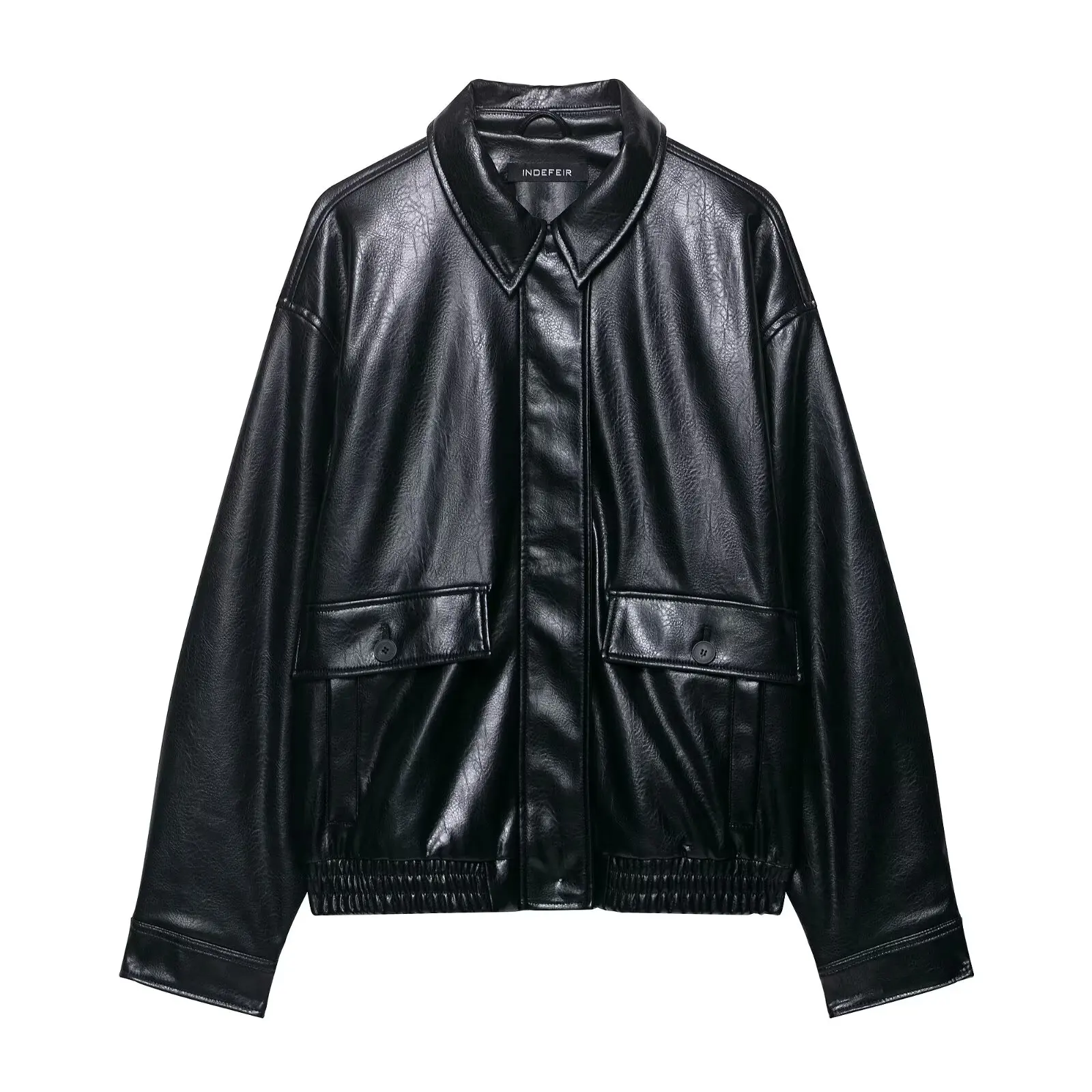 

2025 New Women's Black Faux Leather Pilot Jacket Stylish Casual Button-Up Jacket Classic Stand-Up Collar Design