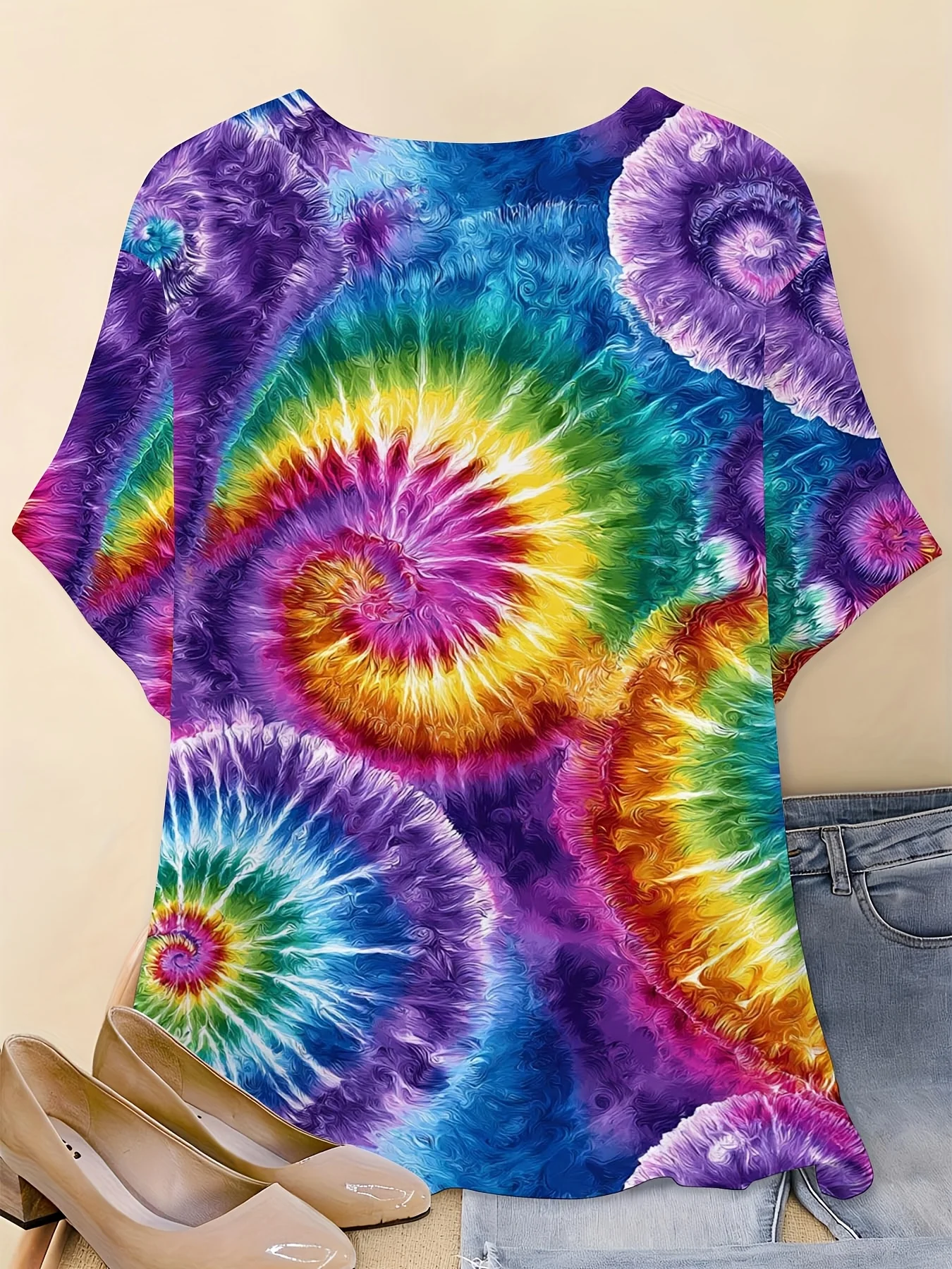 Women Crew Neck Short Sleeve Top Rainbow Spiral Tie Dye Print Loose Fit Soft Breathable Casual Hippie Style Summer Daily Shirt