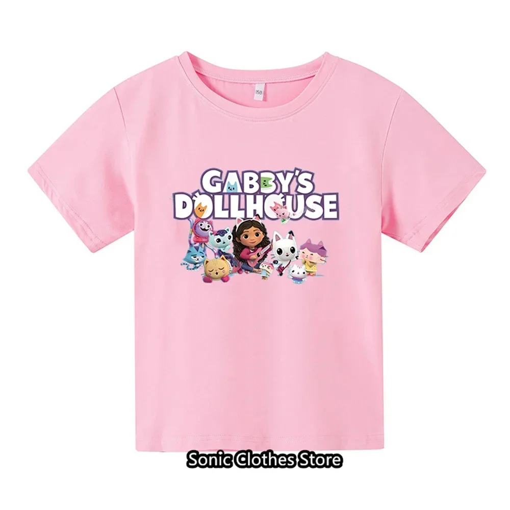 2024 Summer Gabby Doll House T-shirt Children's Short Sleeve Boys Cartoon Gabby Cat Girls Casual Short Sleeve