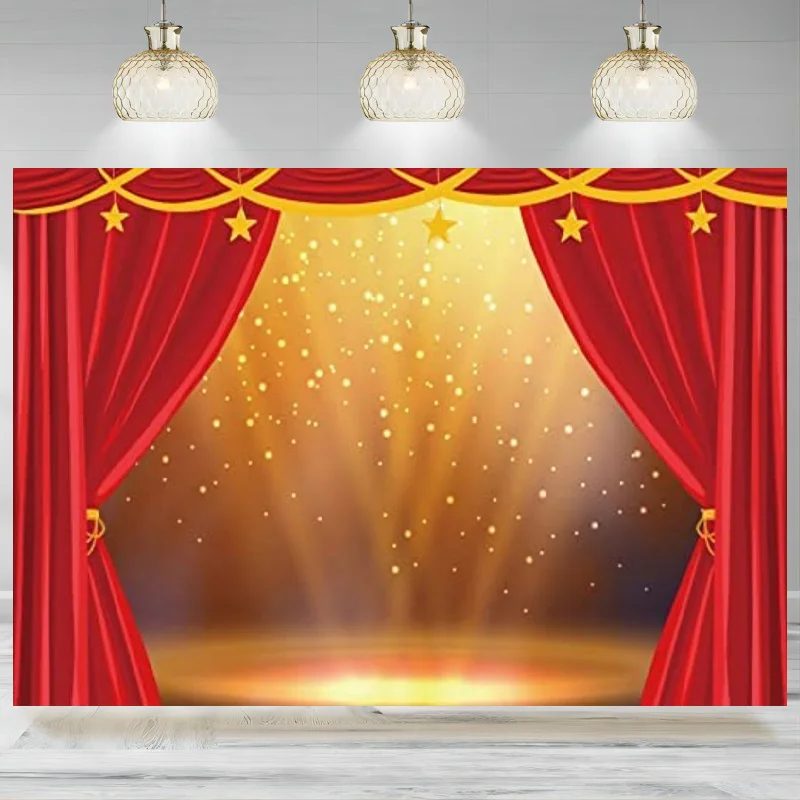 Red Stage Backdrop Golden Stage Lights Glitter Photography Background Red Curtains Festival Celebration Birthday Party Banner