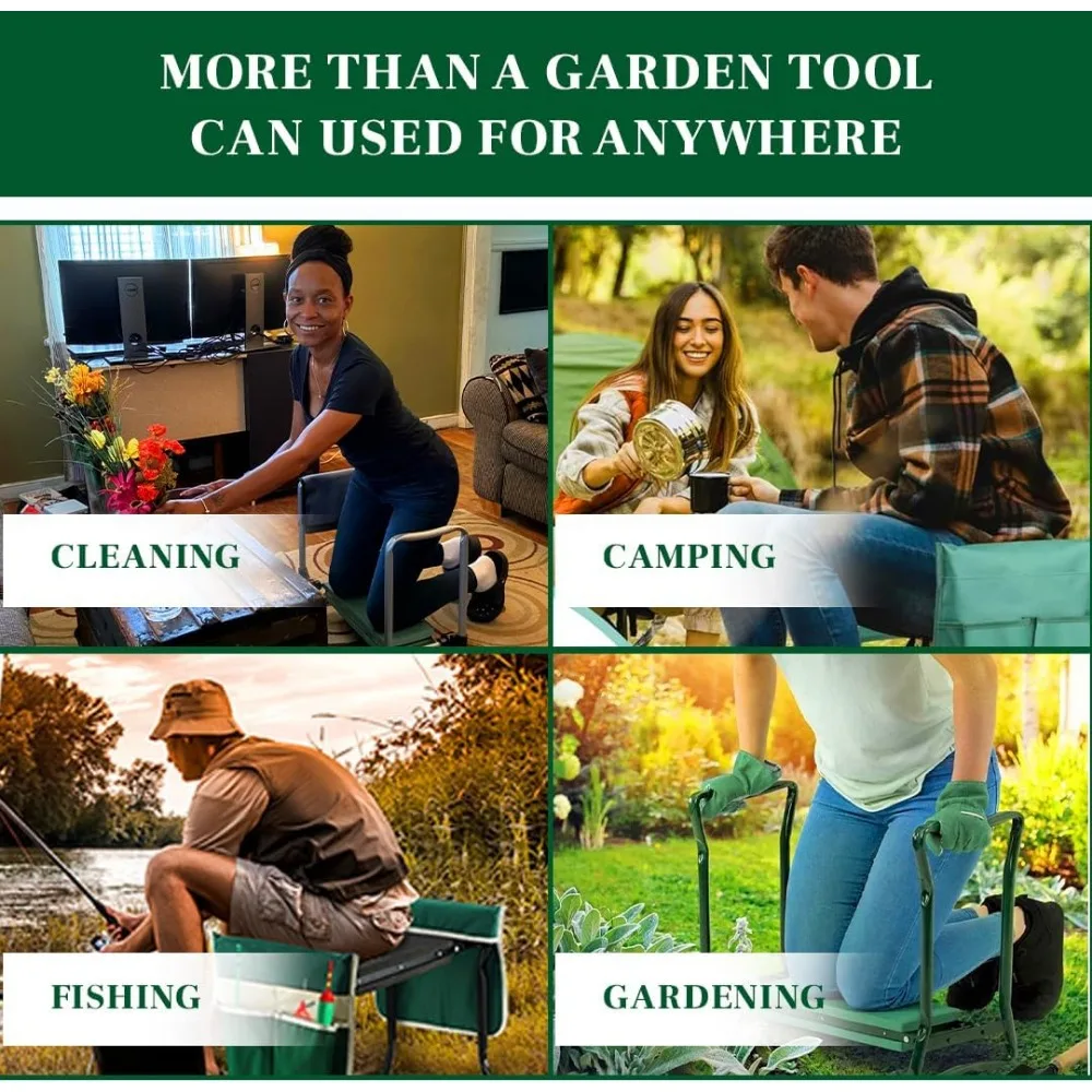 Kursi Berkebun Lipat dengan Kantong Peralatan, Kuat & Ringan untuk Meredakan Nyeri Lutut & Punggung, Hadiah Berkebun yang Sempurna