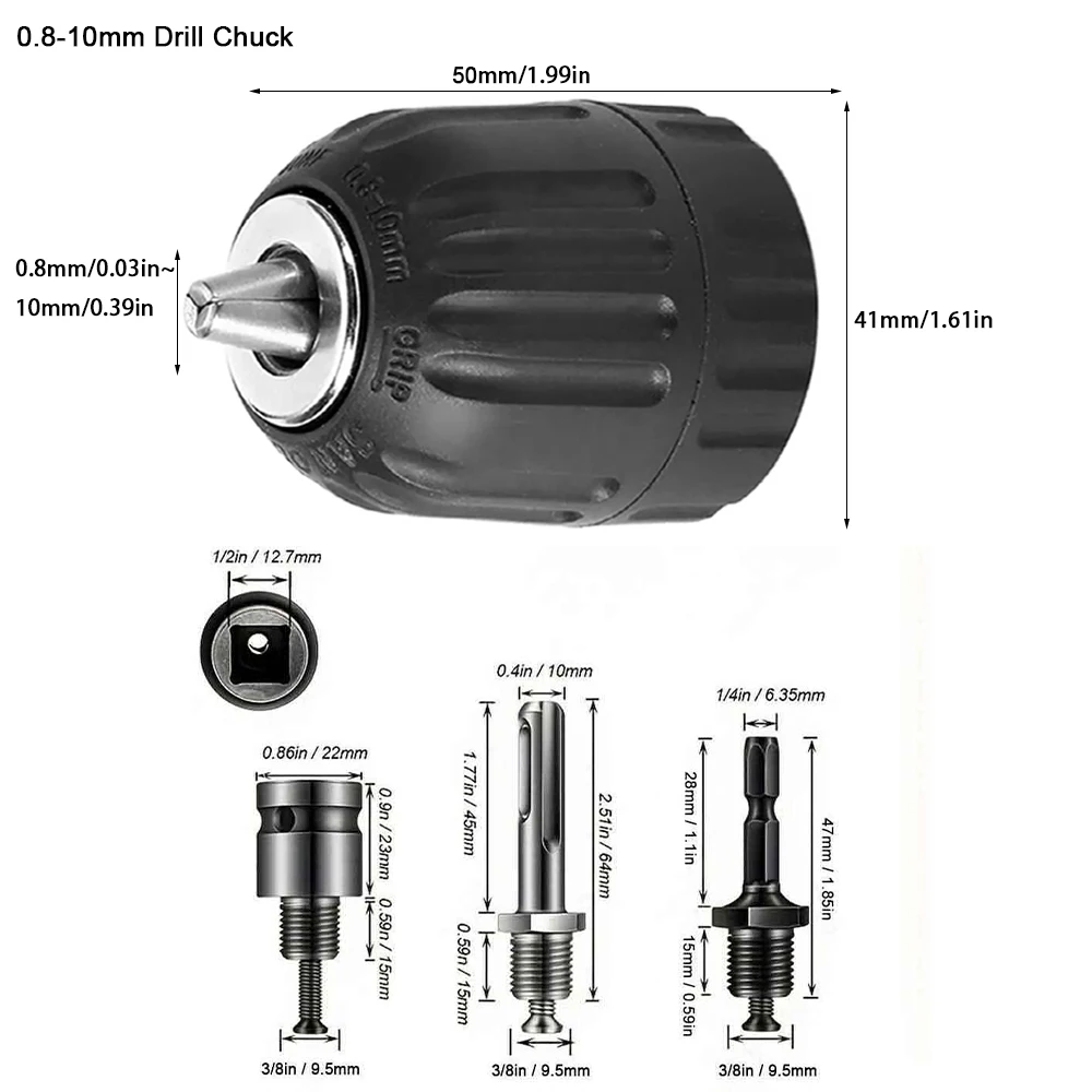 10mm/13mm Keyless Drill Chuck, 1/2in 3/8in Hex Shank/SDS-Plus/Square Quick Grip Adapter, Chuck for Drill Bit Screwdriver&Sockets