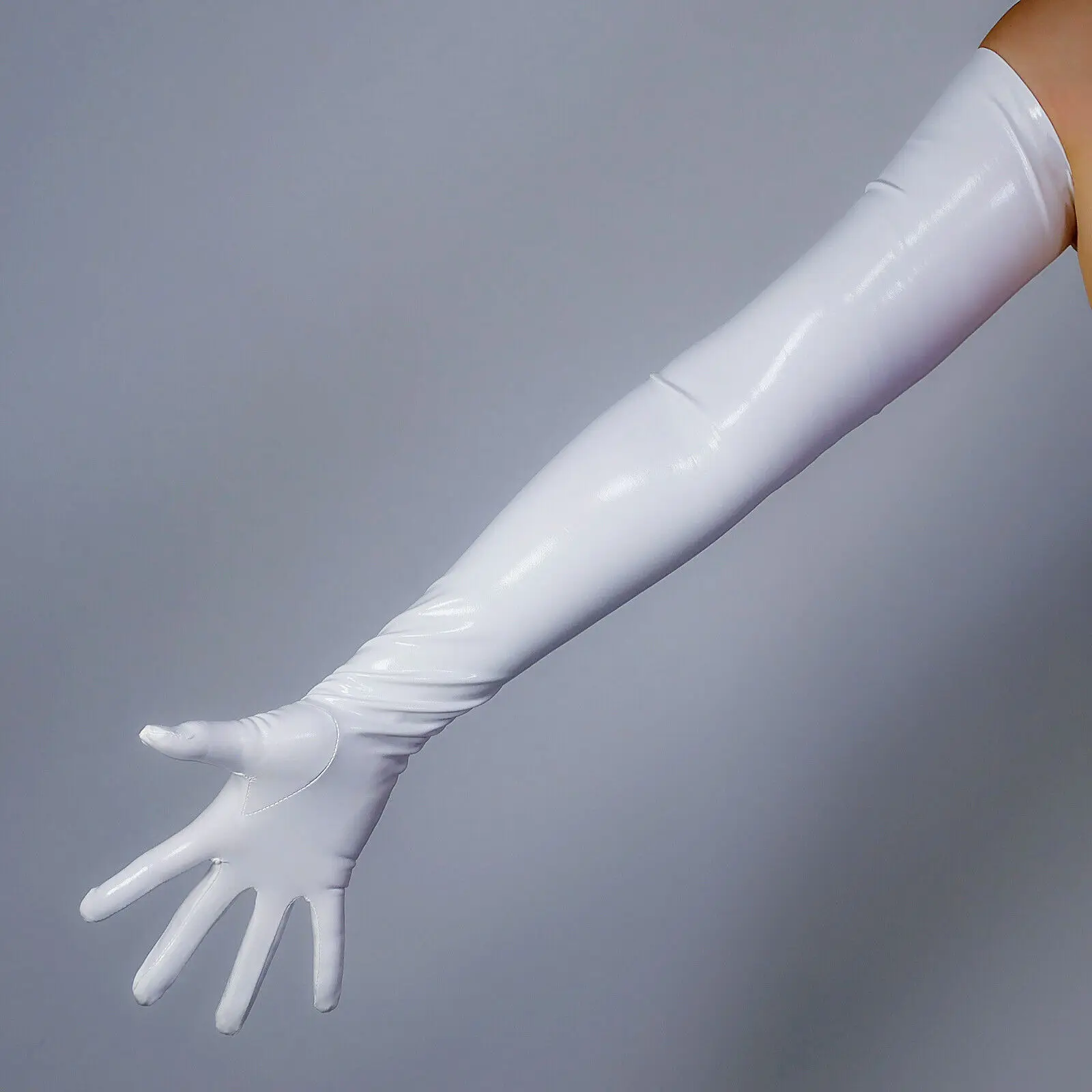 Shine White LATEX GLOVES Faux Leather Rubber Super Thin Stretch 70cm LONG FITTED Evening Fashion Costume Nightclub Halloween
