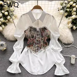 EWQ Fashion Bandage Design Blouse For Women Long Sleeve Lapel Collar Casual Contrast Color Clothing 2024 Summer New 27C766