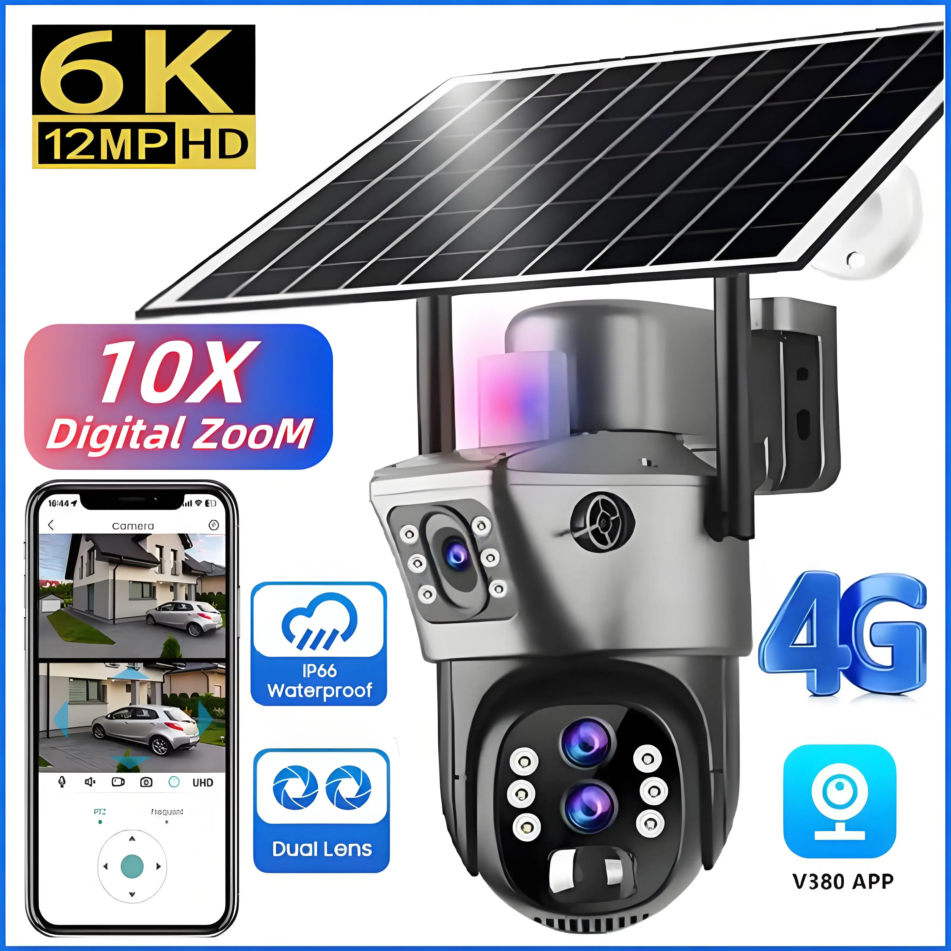 zoom 4g sim camera solar ao ar livre 6k 12mp tres lentes hd visao noturna camera de vigilancia ip protecao seguranca ptz cctv cam 10x 01