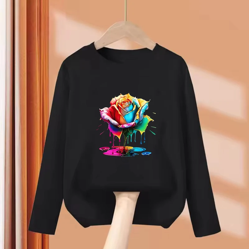 Long Sleeve Colorful Flower Design Gothic T Shirts Fashion Kids Children's T-shirt Boys Girls Summer Spring Casual Top Tee Shirt