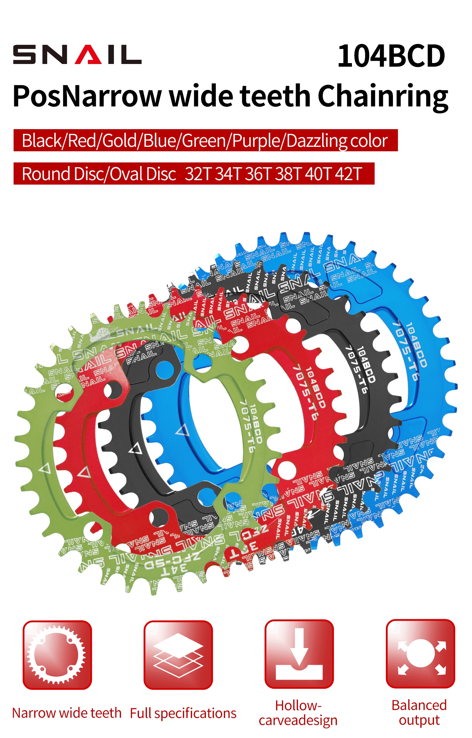 SNAIL 104BCD/96BCD Bicycle Chainwheel Wide and Narrow Teeth 32T/34T/36T/38T Round /oval Disc Single Chainring For Shimao/SRAM - view 3