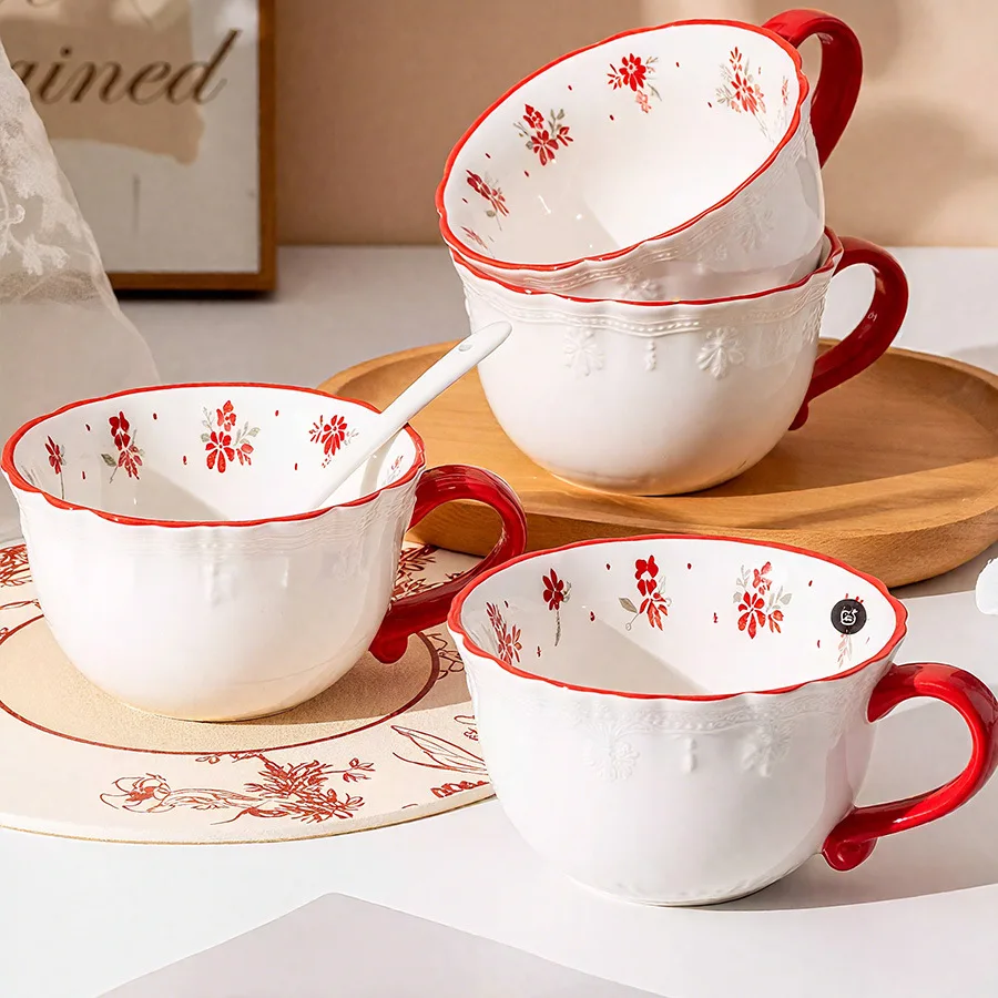 A Bohemian-Style Ceramic Breakfast Mug, Featuring Embossed Craftsmanship, a Vintage Cup, Coffee Cup, Breakfast Oatmeal Or Milk